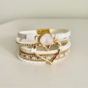 Elegant Gold and White Heart Rhinestone Stack Bracelet